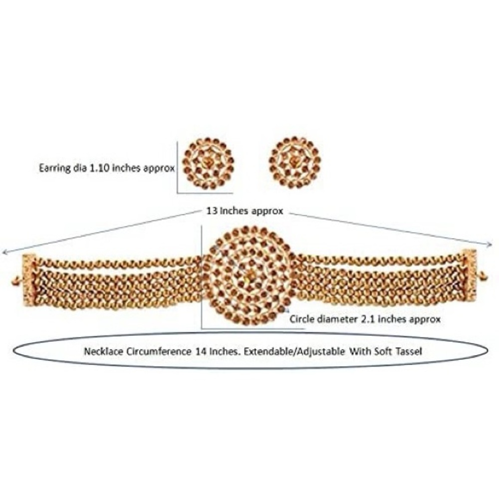Touchstone Bollywood Yellow Rhinestone Gold Beaded Choker Necklace & Earrings - Picture 3 of 16